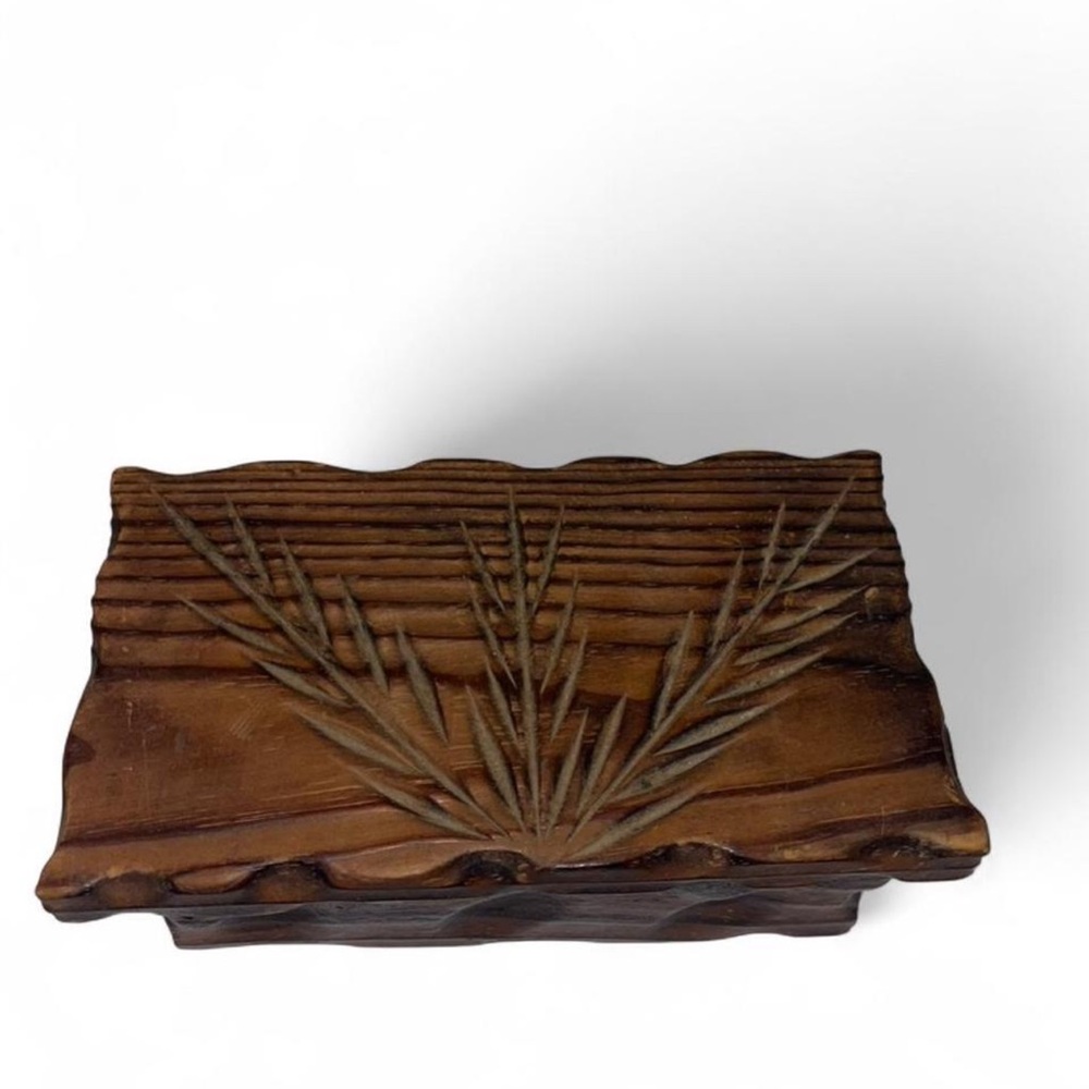 Vintage Wooden Decorative Box with Plant Carved Design